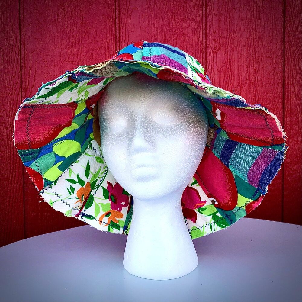 Patchwork Floppy Hat Upcycled Wearable Art Vintage Plaid- One Size - Picture 4 of 4
